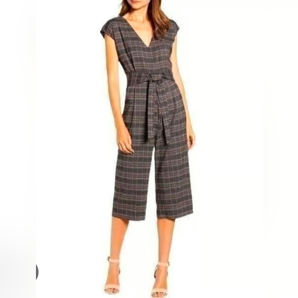 Anthropologie Bishop+Young Front Tie Plaid Cropped Jumpsuit Sz S